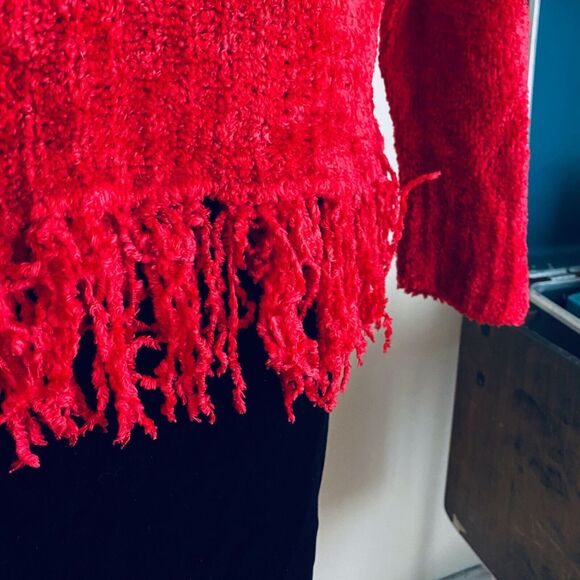 Vintage 90s Nick & Sarah L Red Turtleneck Super Soft Sweater Stringy Fringe Hem - Picture 4 of 10